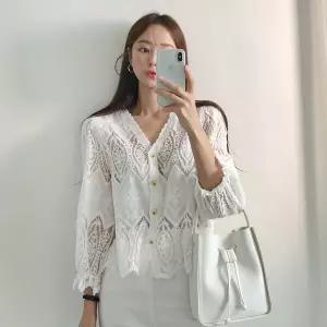 [여리여리] 에일 브이넥 펀칭 프릴 긴팔 가디건