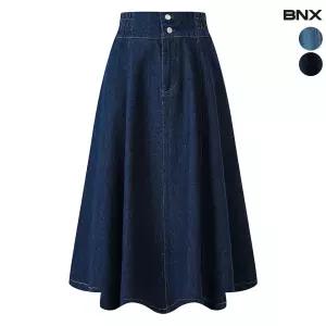 데님 투버튼 A라인 플레어 롱 스커트