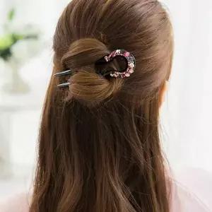 고품질 복고 큐빅 비녀 올림머리 U자 뒤꽂이 한복 머리꽂이 유자비녀 (W63F0BC)