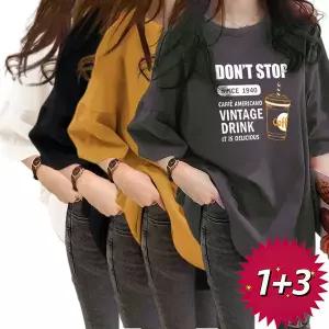 1+3 반팔티 반팔 블라우스 여성 반팔 티셔츠 커피 프린트 블랙 오버사이즈 중장 여름 캐주얼 데일리 블라우