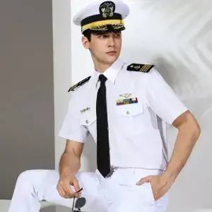 선원 셔츠 남성 해군 장교 여름 유니폼 흰색 블라우스 선장 작업상의