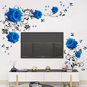 Supzone 블루 로즈 월 스티커 플라워 바인 데칼 보라색 모란 꽃 벽 장식 침실 거실 소파 배경용 DIY 비닐