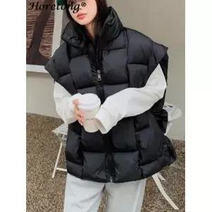 남녀공용 다운 면 조끼 따뜻한 민소매 캐주얼 단색 스탠드 칼라 지퍼 코트 클리어런스 세일 가을 겨울