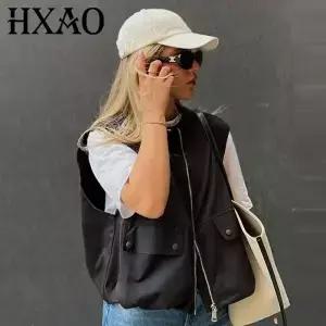 HXAO 여성용 조끼 여름 가을 민소매 양복 블랙 화이트 카키 그레이 그린 코트 우아한 크로프트 지퍼 업