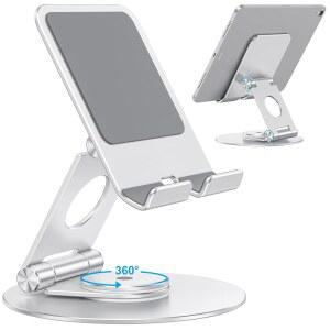360 회전 베이스 접이식 조절 가능한 그림 홀더 IPAD PRO / AIR MINI 등과 호환되는 IPAD용 OMOTON T6 스위블 태블릿 스탠드 실버