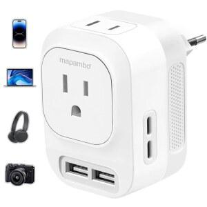 220V에서 110V 전압 변환기 미국에서 유럽으로 USB A 포트 2개와 C 2개로 고속 충전 유럽 여행용 전원 이탈리아 독일 스페인 프랑스용 국제 범용 여행 어댑터 사용