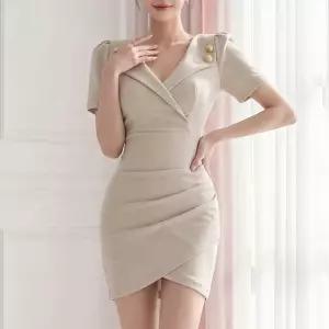 채핏 이칸 카라버튼 원피스 섹시 미니 글램 홀복 퍼프소매 클럽 파티 슬림 고급 
