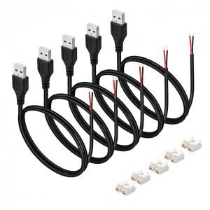 시바굿즈 USB 피그테일 케이블 전원 와이어(와이어 커넥터 포함), 3.28피트 24AWG 2A 5V, DIY 수리 키트, 베어 와이어 오픈 엔드, 퓨어 구리, 블랙, 5팩