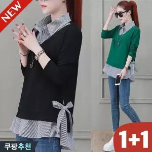 (대박난) 90kg까지 1+1 빅사이즈 여성 순면 페이크 투피스 플레어 셔츠 티셔츠 봄 가을 편한 리본 스트랩