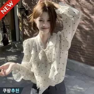 (대박난) 날씬해보이는 여성 프렌치 고급 프릴 도트 시폰 블라우스 셔츠 봄 여름 편한 디자인 리본 타이 실