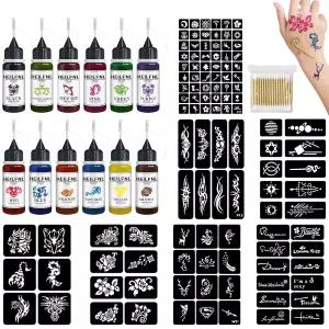 임시 타투 키트 - 12가지 색상의 잉크와 120개의 스텐실 DIY 가짜 성인 청소년 여성 남성 및 미술 페인팅