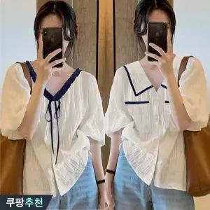 (브랜드 추천) 150kg까지 빅사이즈 여성 우아한 리본 카라 플리츠 퍼프 블라우스 여름 편한 고급 예쁜 심플