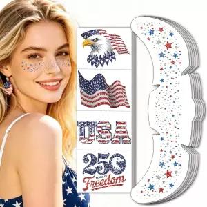 7월 4일 글리터 주근깨 페이스 타투 250주년 기념 미국 임시 레드 화이트 및 블루 플래그 스타 스티커 여성