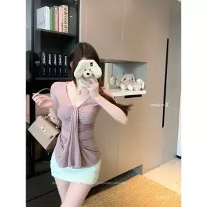 Yellwell 여성 슬림핏 반팔 셔링 블라우스, 세련된 V넥 튜닉 탑 LZZ