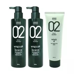 [amos] 아모스 녹차실감 샴푸 리바이탈 라이징 500g 2개+헤어 팩 250ml