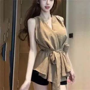 반팔티 반팔 블라우스 V넨 웨이스트 리본 린넨 민소매블라우스 루즈핏 데일리 여름 캐주얼	DWW051226	18