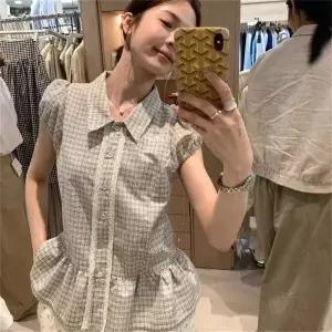 반팔티 반팔 블라우스 격자 레이스 셔츠 칼라 플레어 데일리룩	GIF0519	29