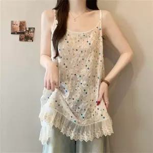 반팔티 반팔 블라우스 레이스 캐미솔 레이어드 프릴 자수 스트랩 루즈핏 여름 캐주얼 데일리 상의	HEX04282