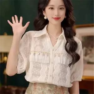 반팔티 반팔 블라우스 반팔블라우스 퍼프소매 주름 레이스 데일리 캐주얼 셔츠	QWE051411	30