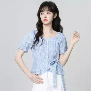 반팔티 반팔 블라우스 블라우스 반팔 체크 스퀘어넥 퍼프슬리브 프릴 웨이스트 리본 여성 여름 데일리 캐주