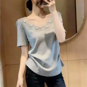 반팔티 반팔 블라우스 티셔츠 반팔 자수 진주 레이스 스퀘어넥 세련된 여성 여름 데일리 캐주얼	DGC051541