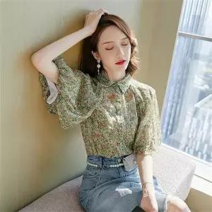 반팔티 반팔 블라우스 플로랄 반소매 퍼프슬리브 셔츠칼라 블라우스 캐주얼 데일리 편안한 여름 여성 스타