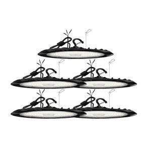 UFO LED 하이베이 라이트 200W 5팩, 32000LM 160lm/W 상업용 상점 조명, 3-in-1 와트(200 /150 /100W) 및 CCT(6000 /5000 /4000K), IP65, 0-10V 디밍 가능, 창고 작업장용 100-277V 플러그 앤 플레이
