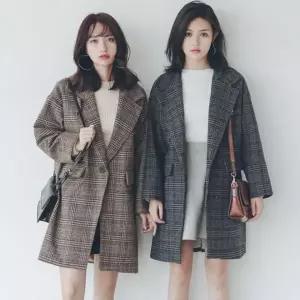 [하프클럽/]겨울 루즈핏 체크 울 자켓 여성 오버핏 모직 코트 데일리 캐주얼