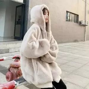 오버핏 밍크퍼 페이크 후리스 집업 후드