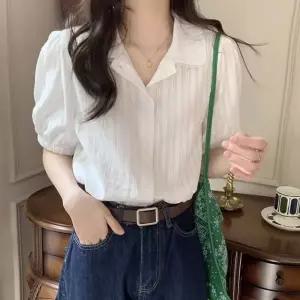 자수 레이스 디테일 퍼프 밴딩 소매 반팔 블라우스 린넨블라우스 (WF41ECD)