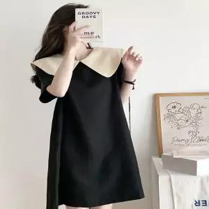 [하프클럽/셀럽하우스]여자 배색 와이드 블랙 원피스 러블리 카라 하객룩