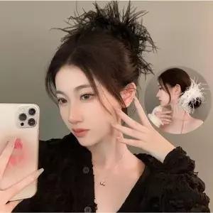 블랙 화이트 미우 타조 깃털 집게 머리핀 헤어핀