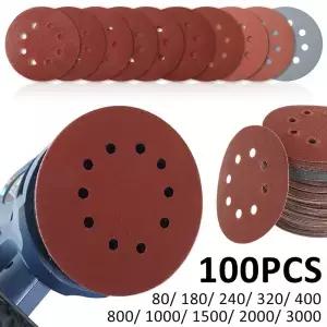 자동 접착식 원형 사포 혼합 샌딩 페이퍼 125mm 패드 연마 도구 5 인치 8 홀 80Grit-3000Grit 100 개