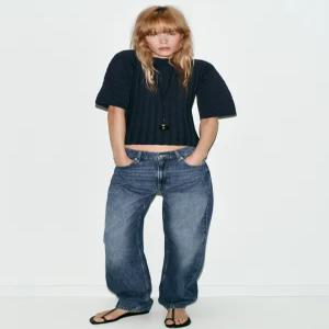 ZARA 벌룬 슬리브 리브드 니트 탑 - 네이비 0014/003/401 284014