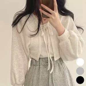 [하프클럽/셀럽하우스]여성 간절기 스트링 볼레로 가디건 크롭 시스루 퍼프
