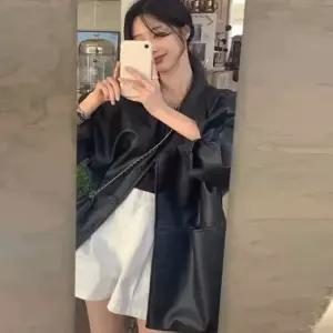 친절한탄씨 여성 오버핏 카라 가죽 라이더자켓 블랙 모던 루즈핏 바이크 아우터 레더점퍼