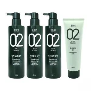 [amos] 아모스 녹차실감 샴푸 리바이탈 라이징 500g 3개+헤어 팩 250ml