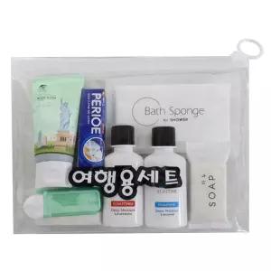 엘지생활건강 여행용 세면도구세트 7종 바디워시 샴푸 린스 칫솔 치약 클렌징폼 파우치 면도기 비누 샤워타올