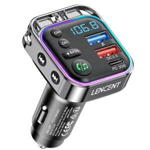 LENCENT BLUETOOTH 5.3 FM 송신기 자동차 어댑터 48W (PD30W 및 QC18W) 고속 충전기 라이트 스위치 하이파이 베이스 사운드 오디오 수신기 무선 라디오 MP3 음악 플레이어 핸즈프리 통화 USB 드라이브 지원