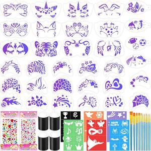 55PCS 페이스 페인팅 스텐실 키트에는 재사용 가능한 33개, 타투 템플릿 스티커 6장, 브러시 10개, 접착 보석 2팩, 할로윈 축제 파티 메이크업용 스펀지 4개가 포함되어 있습니다