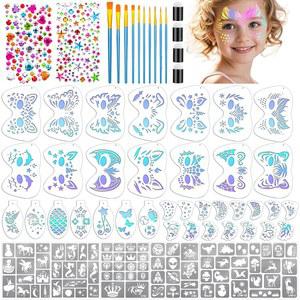 58PCS 페이스 페인팅 스텐실 키트에는 재사용 가능한 36개, 타투 템플릿 스티커 6장, 브러시 10개, 접착 보석 2팩, 할로윈 축제 파티 메이크업용 스펀지 4개가 포함되어 있습니다