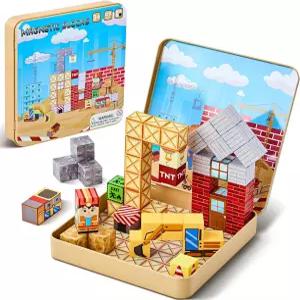 철 저장 상자가 있는 EWED 49PCS 마그네틱 블록 큐브 타일 STEM 교육용 스태킹 자석 여행 장난감 3세 4 5 6