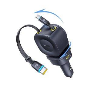 Baseus 163W 리트랙터블 자동차 충전기 USB C 고속 충전 프라임트립 VR2 Max 4 in1 듀얼 케이블 포함 17 16 15 Pro 갤럭시 S25 Ultra Android