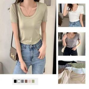 미니멀 니트립 하프슬리브 S/S 상티 라이트룩 6톤 쫀쫀한티 볼륨 클래식 스트레치타이트 무문양 크롭탑