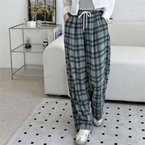 데일리 여성 와이드 팬츠 통바지 와이드 바지 밴딩 체크 여름