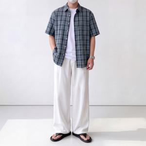 시어서커 체크 셔츠 밴딩 아이스 슬랙스 세트