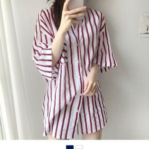 여성 스트라이프 반팔셔츠 여름 오버핏 롱남방 루즈핏 세로줄 셔츠원피스 무드 바캉스 데일리 여자 셔츠