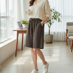 여자 외출 여리한 데일리 일상룩 패션 허리 허리밴딩 린넨 라이크 버뮤다