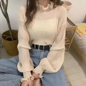 페미닌룩 시스루 페미닌 주름 봄가을 데일리룩 섹시 무드 여성 블라우스 반폴라