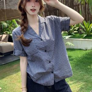 체크 셔츠 브이넥 카라 롤업 티셔츠 여름 블라우스 반팔 루즈핏 캐주얼 데일리 시원한